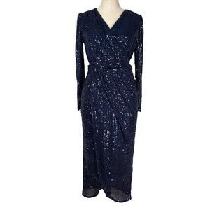 Ivy City Co Starstruck Sequin Dress sz S * Navy Blue Sequins Wrap Long Sleeve
